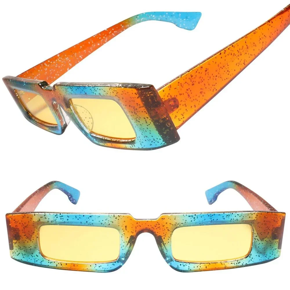 Classic Unique Narrow Cool Mens Womens Rectangle Sunglasses Blue & Brown Frame